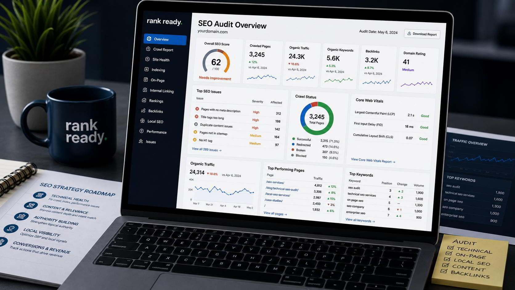 SEO bottlenecks identified in a technical SEO audit dashboard for organic traffic and local search optimization