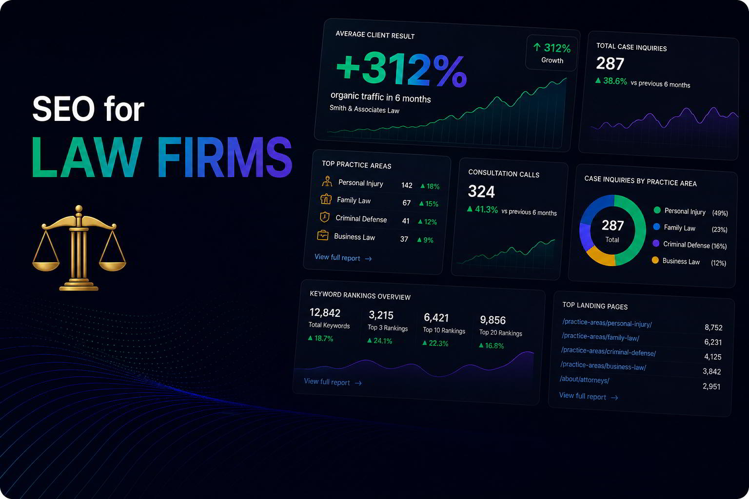 SEO for law firms strategy dashboard showing legal practice area rankings and case acquisition metrics