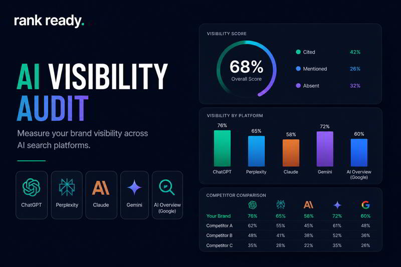 AI visibility audit dashboard showing ChatGPT, Perplexity, Claude, Gemini, and AI Overview citation analysis with competitor benchmarking and visibility scoring