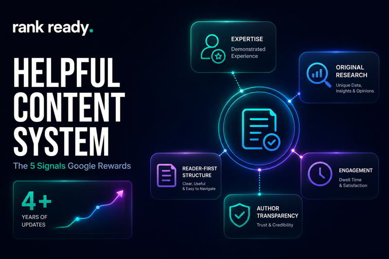 Helpful Content System framework showing expertise, original research, engagement signals, author transparency, and content quality factors influencing Google rankings