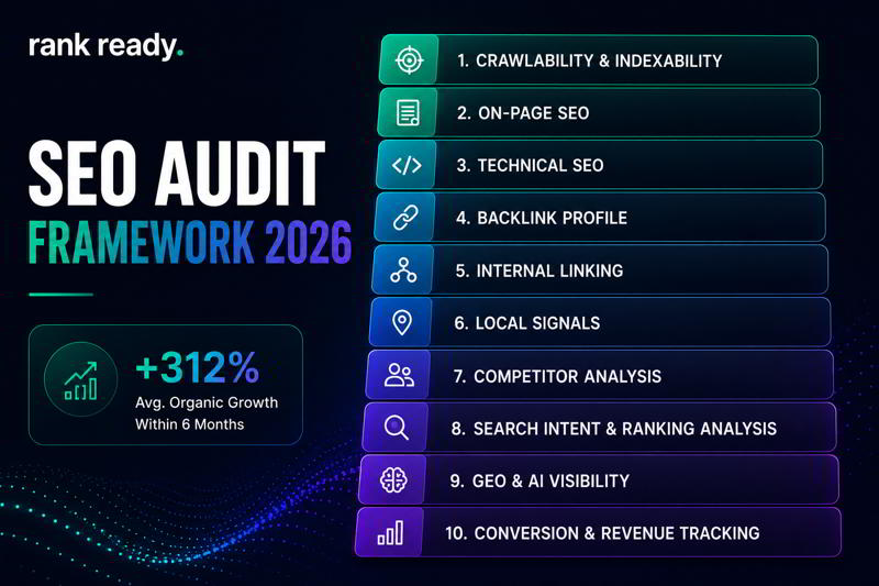 SEO audit framework showing the 10 layers of a modern SEO audit, from crawlability and technical SEO to AI visibility and revenue tracking