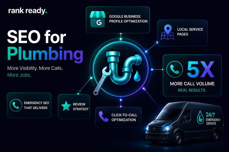SEO For Plumbing SEO for plumbing framework showing Google Business Profile optimization, local service-area pages, review strategy, click-to-call optimization, and emergency plumber lead generation
