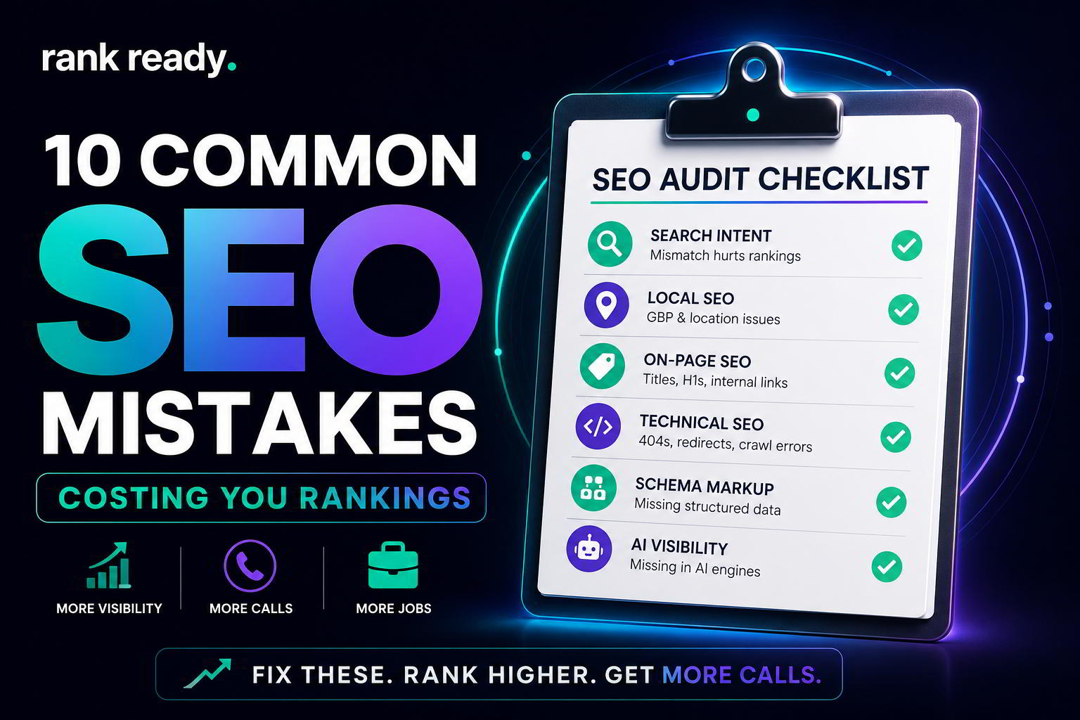Common SEO mistakes audit checklist showing technical SEO errors,