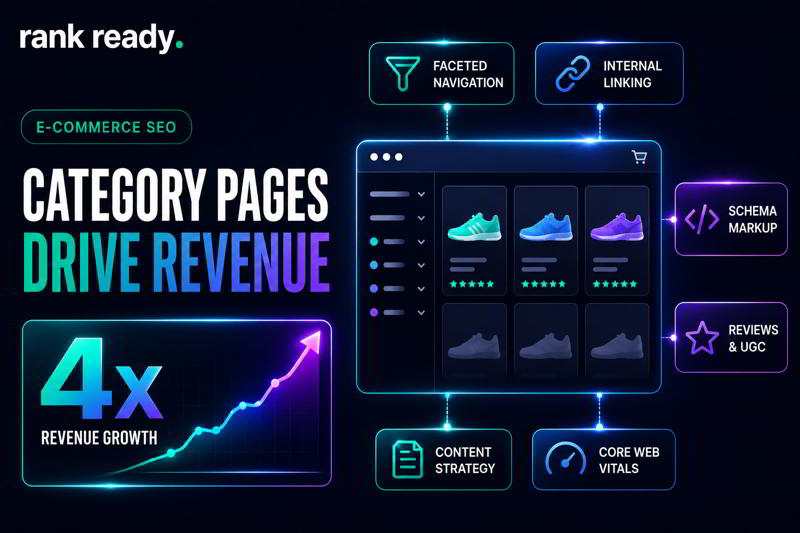 E-commerce SEO category page optimization framework showing internal linking, schema markup, product grids, faceted navigation, and revenue growth strategy